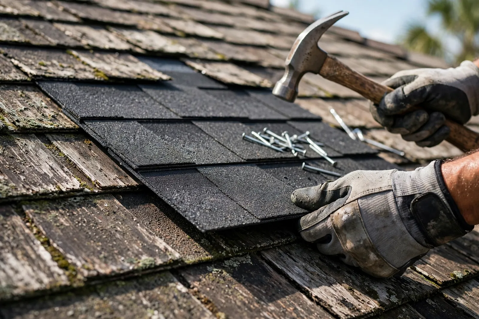 Hands installing an architectural shingle on a home in Riverside, Florida