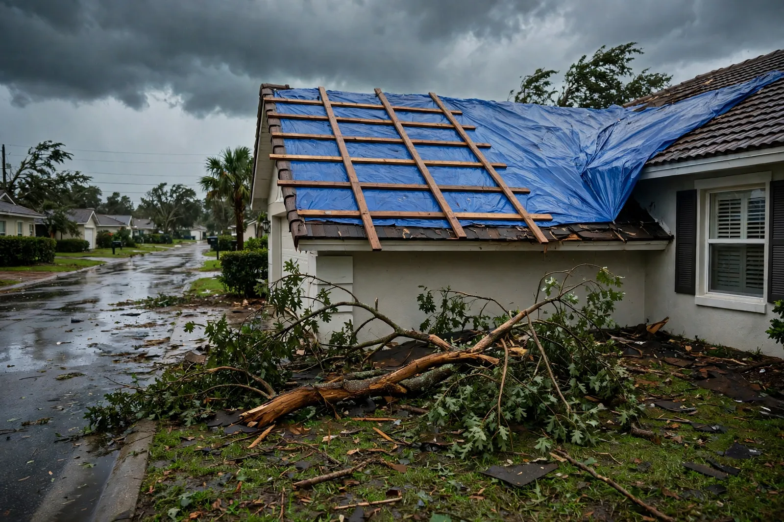 Emergency tarp secured over storm damage on a home in Jacksonville, Florida