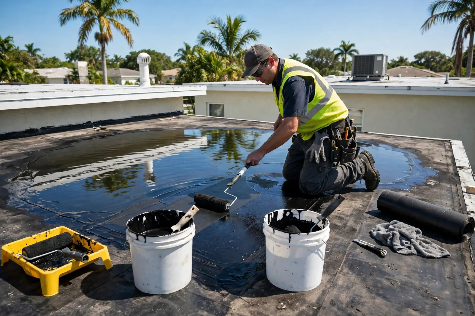 Roofer patching a flat roof section on a home in Baymeadows, Florida