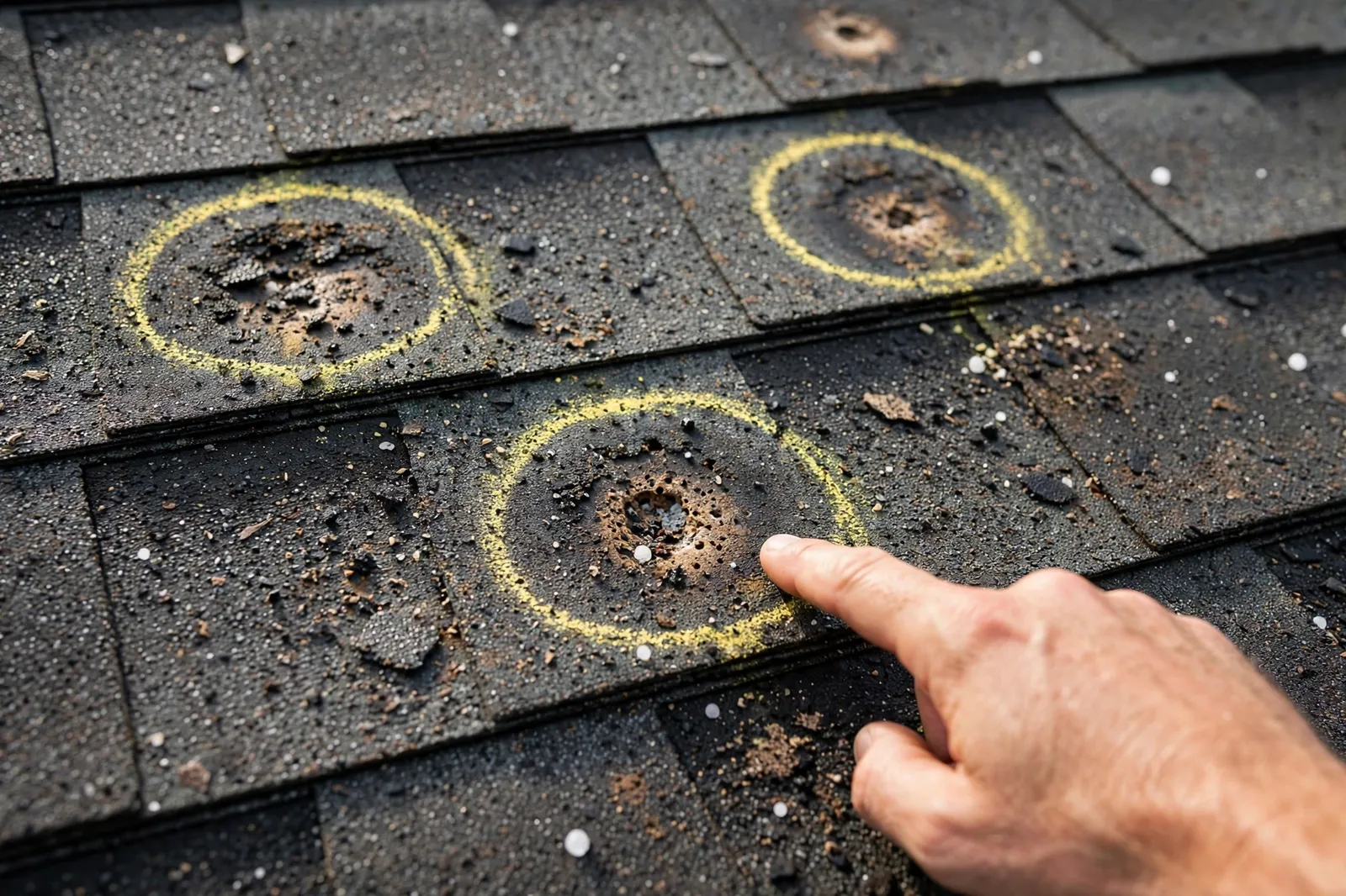 Chalk-marked hail hits on shingles at a home in Riverside, Florida
