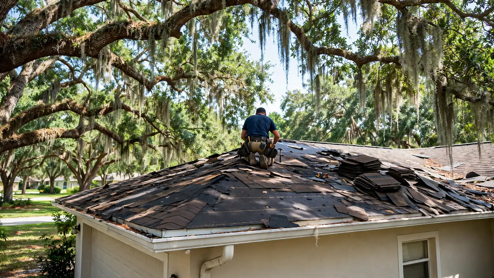Roofer carrying shingles up a ladder at a home in Orange Park, Florida