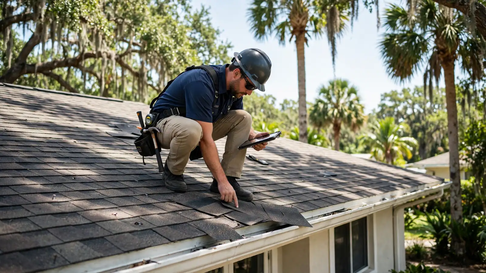 Roof inspector examining shingles on a home in Northside, Florida