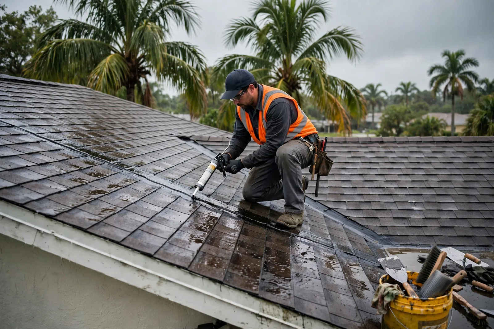 Roofer sealing a leaking roof valley on a home in Arlington, Florida