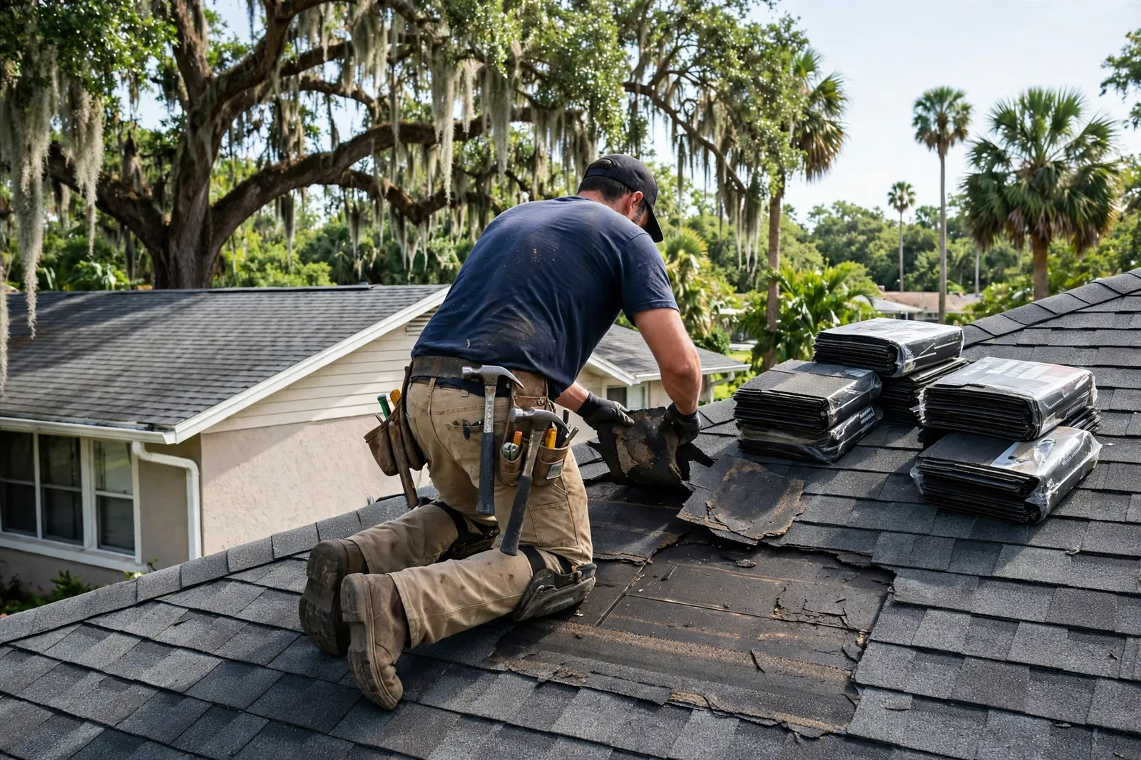 Roofer replacing damaged shingles on a home in Bartram Park, Florida
