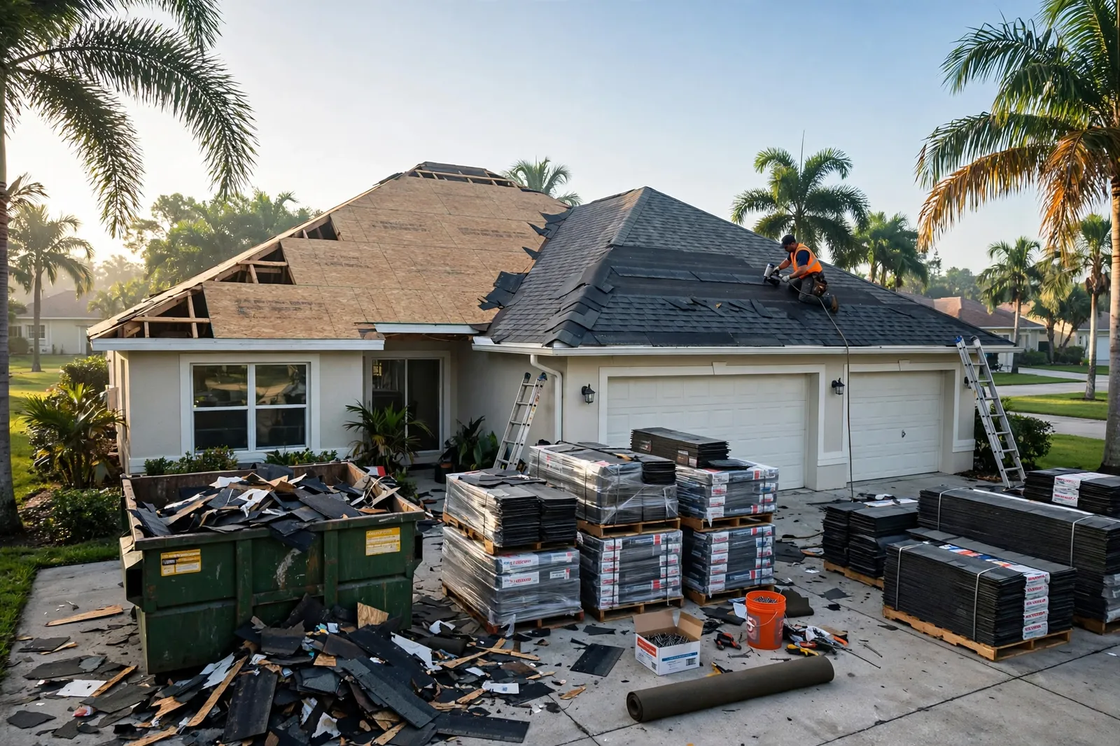 Crew installing a new roof on a home in Jacksonville, Florida