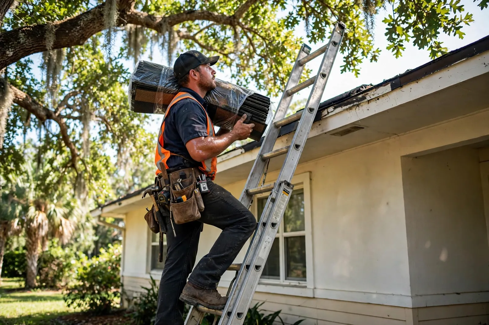 Roofer carrying shingles up a ladder at a home in Jacksonville, Florida