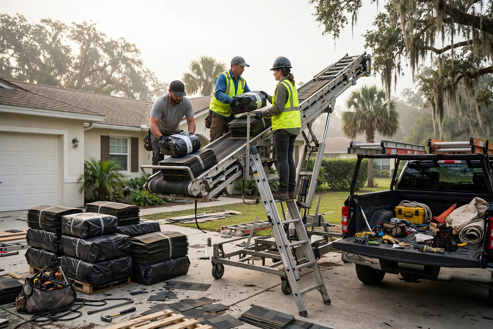 Roofing crew loading shingles at a home in Jacksonville, Florida