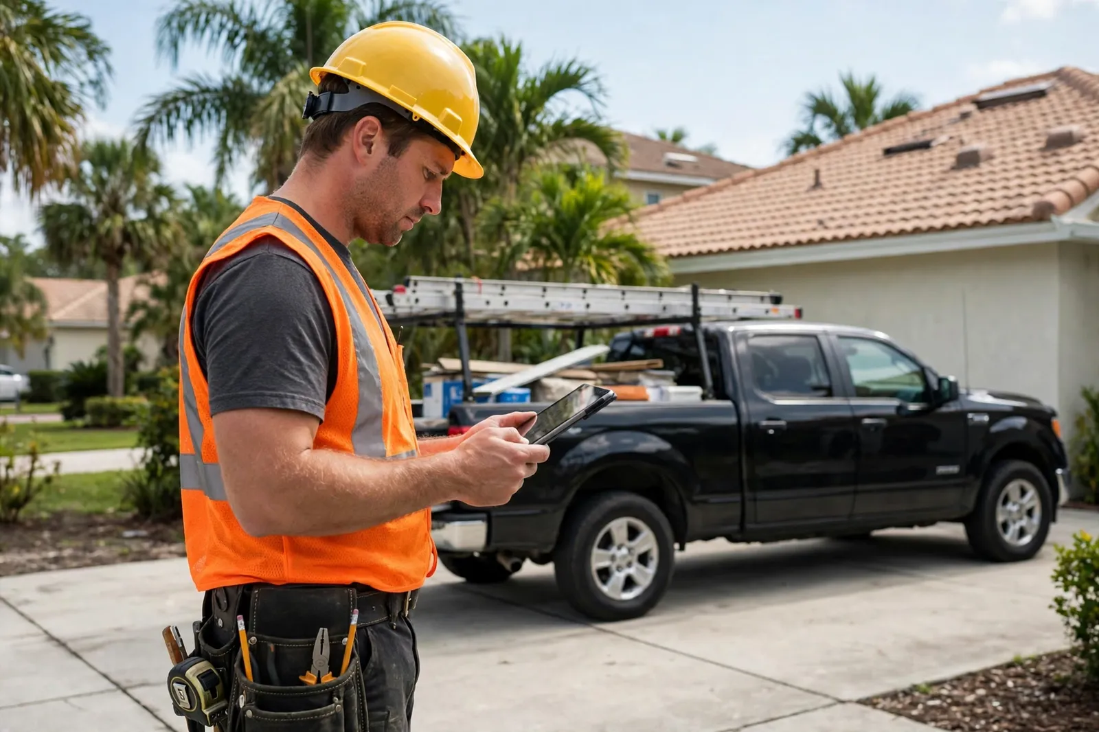 Roofing contractor reviewing a roof from a driveway in Bartram Park, Florida