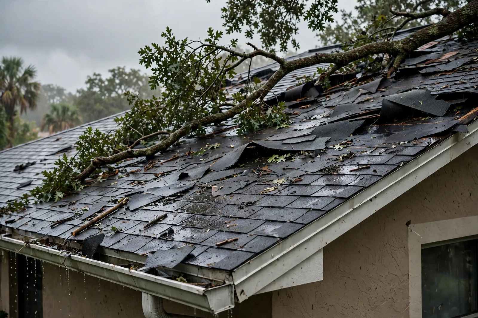 Storm-lifted shingles and a fallen limb on a home in Avondale, Florida