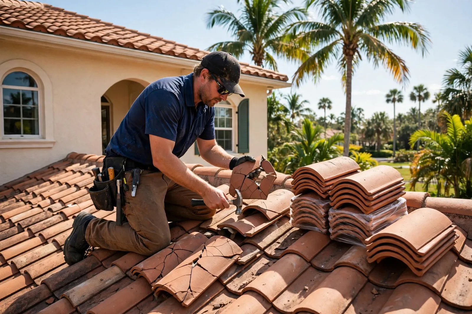 Roofer replacing barrel tiles on a home in Northside, Florida